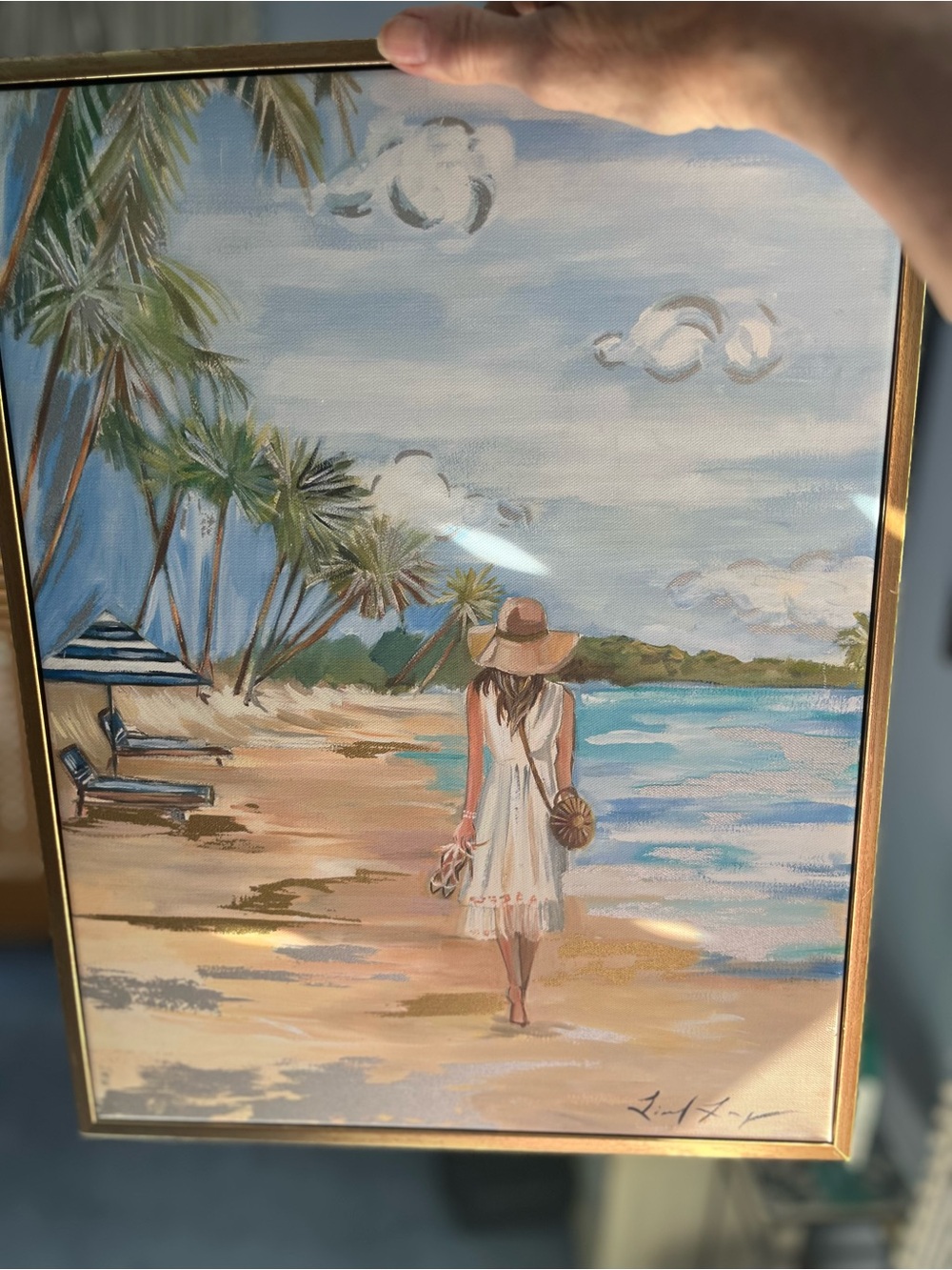 Coastal Stroll Beach Art Print on canvas in gold metal frame